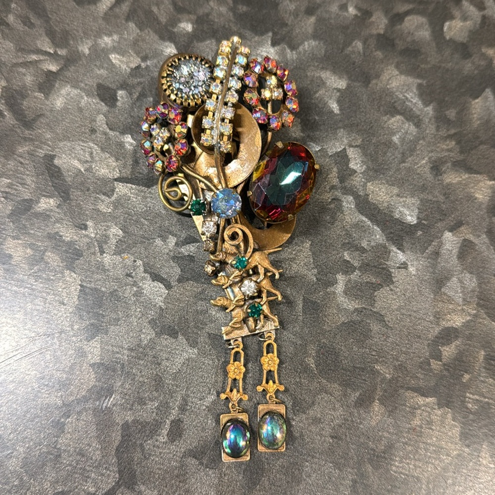Vintage Victorian Antique Rhinestone Assemblage Collage Arts & Crafts Brooch Pin